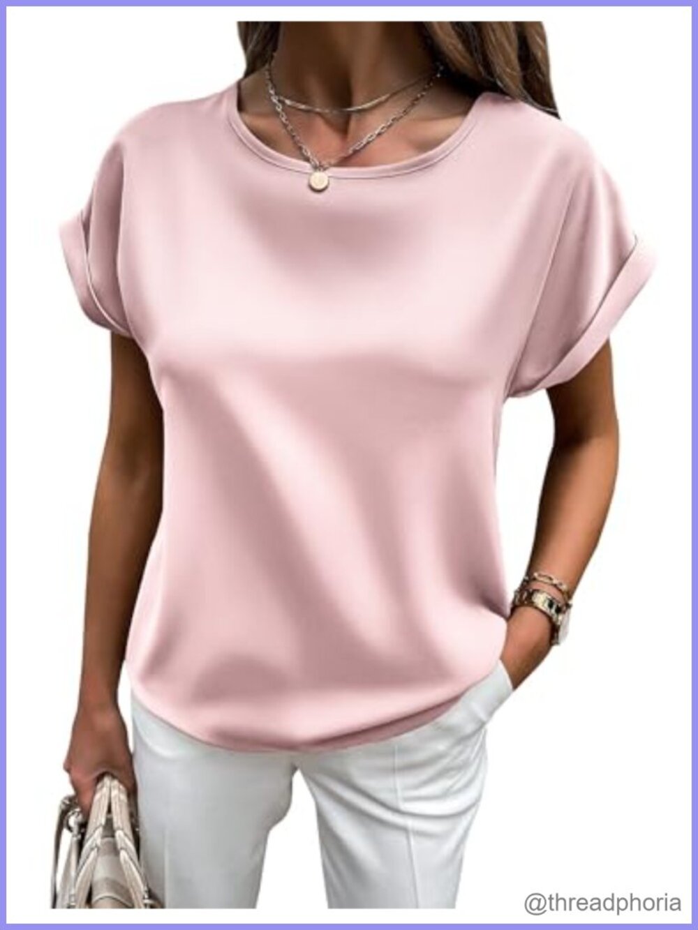 Satin Silk Short Sleeve Pullover Blouse Crewneck Loose Fit Summer Top